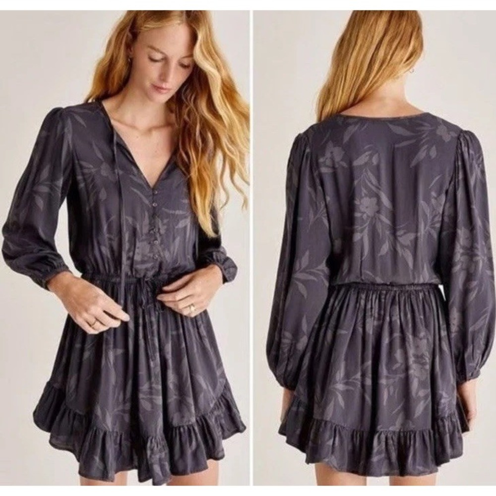 Sundry Floral Print Button Front Tie Waist‎ Long Sleeve Mini Dress Charcoal M